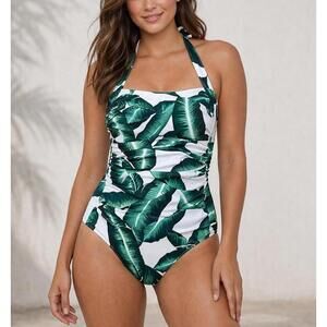 Tropical Palm Leaf One Piece Swimsuit XL Green White Halter Ruched Tummy Control
